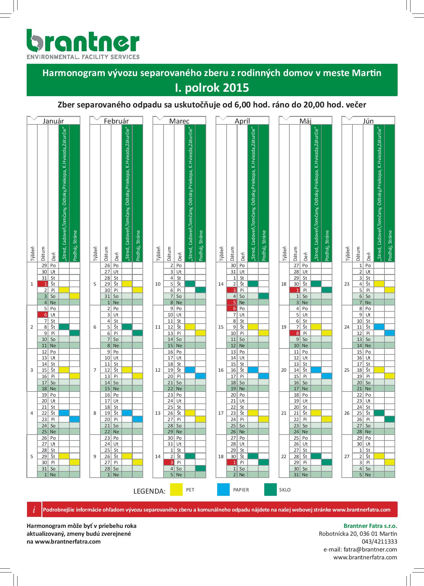 Harmonogram zberu separovaného odpadu z rodinných domov v meste Martin pre rok 2015