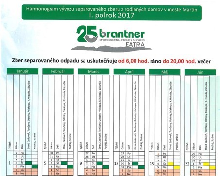 Harmonogram vývozu separovaného zberu z rodinných domov v meste Martin na rok 2017