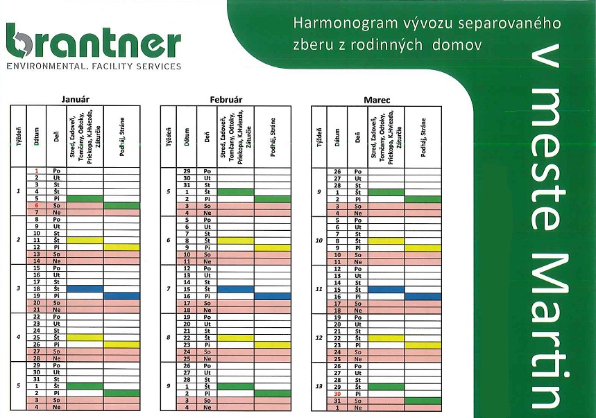 Harmonogram vývozu separovaného zberu z rodinných domov v meste Martin na rok 2018