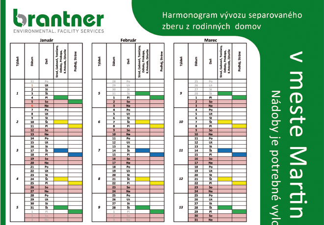 Harmonogram vývozu separovaného zberu z rodinných domov v meste Martin na rok 2019