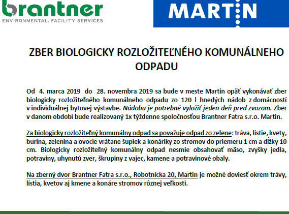 Harmonogram vývozu biologicky rozložiteľného komunálneho odpadu v meste Martin