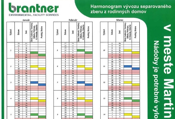 Harmonogram vývozu separovaného zberu z rodinných domov v meste Martin 2020