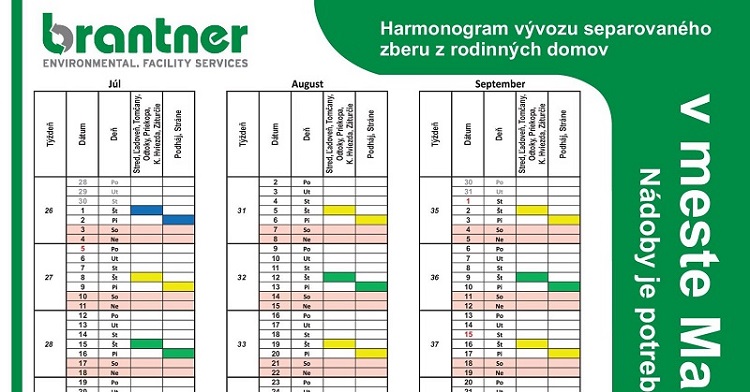 Harmonogram vývozu separovaného zberu z rodinných domov v meste Martin pre rok 2021