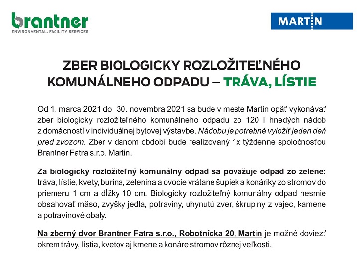 Harmonogram vývozu biologicky rozložiteľného komunálneho odpadu v meste Martine 2021 - TRÁVA, LÍSTIE