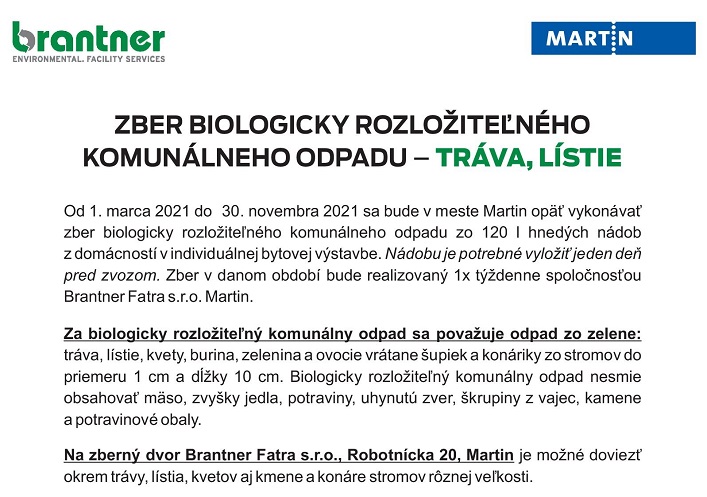 Harmonogram zberu biologicky rozložiteľného komunálneho odpadu – tráva, lístie  